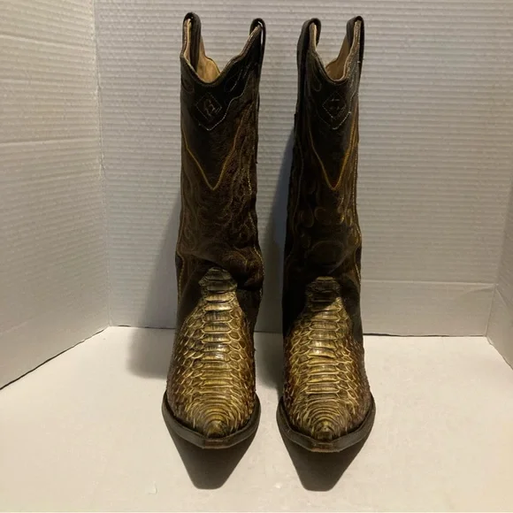 Women’s Brown Leather With Tan Python And Embroidery Pull On Cowboy Boots SZ 8.5 - Picture 1 of 11